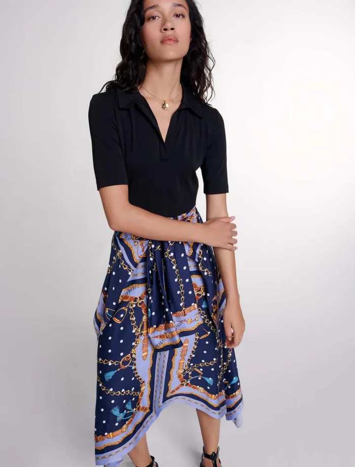 Dresses Women Maje Illusion Effect Patterned Dress Chain Scarf Print