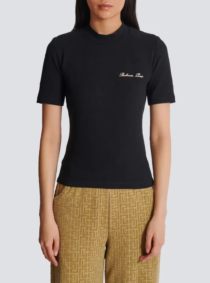 Embroidered Signature Tshirt Black Women Balmain TShirts