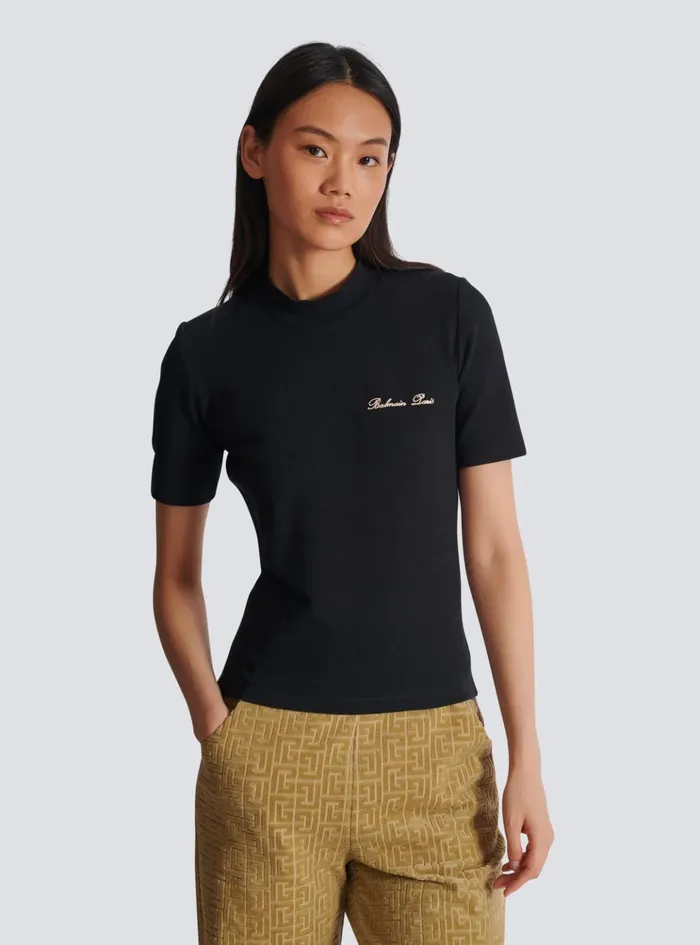 Embroidered Signature Tshirt Black Women Balmain TShirts