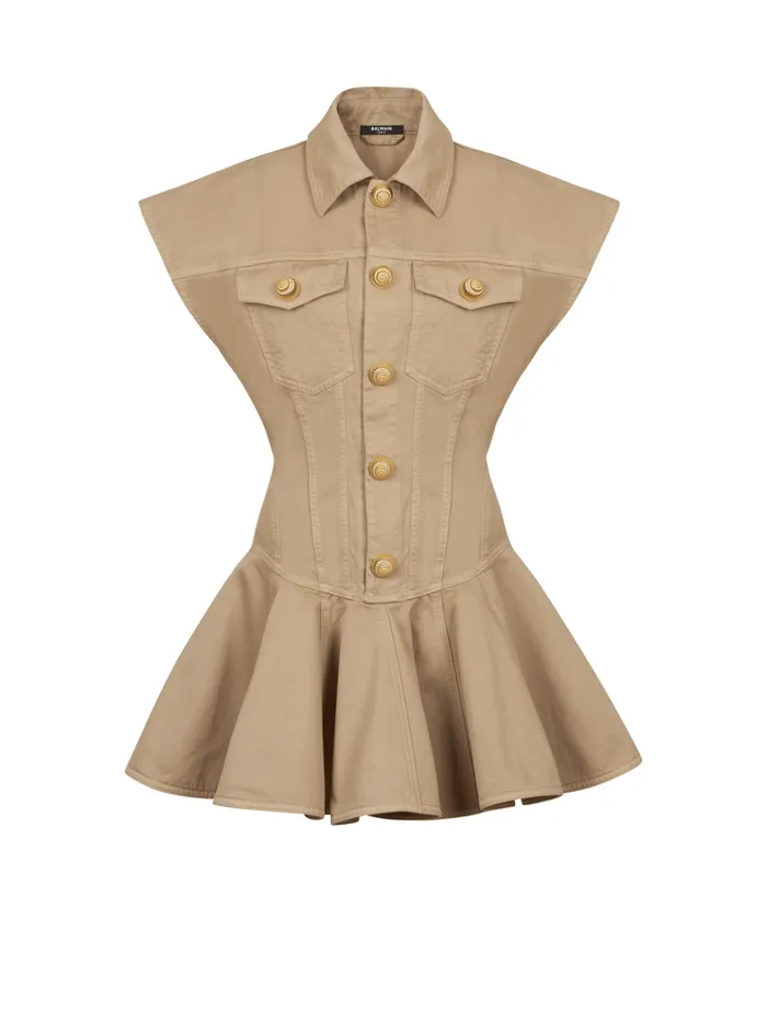 Flared Dress In Cotton Canvas Beige Women Balmain Dresses