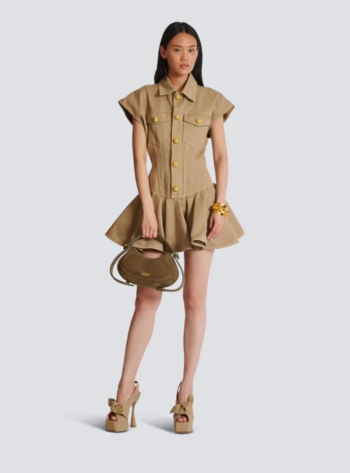 Flared Dress In Cotton Canvas Beige Women Balmain Dresses