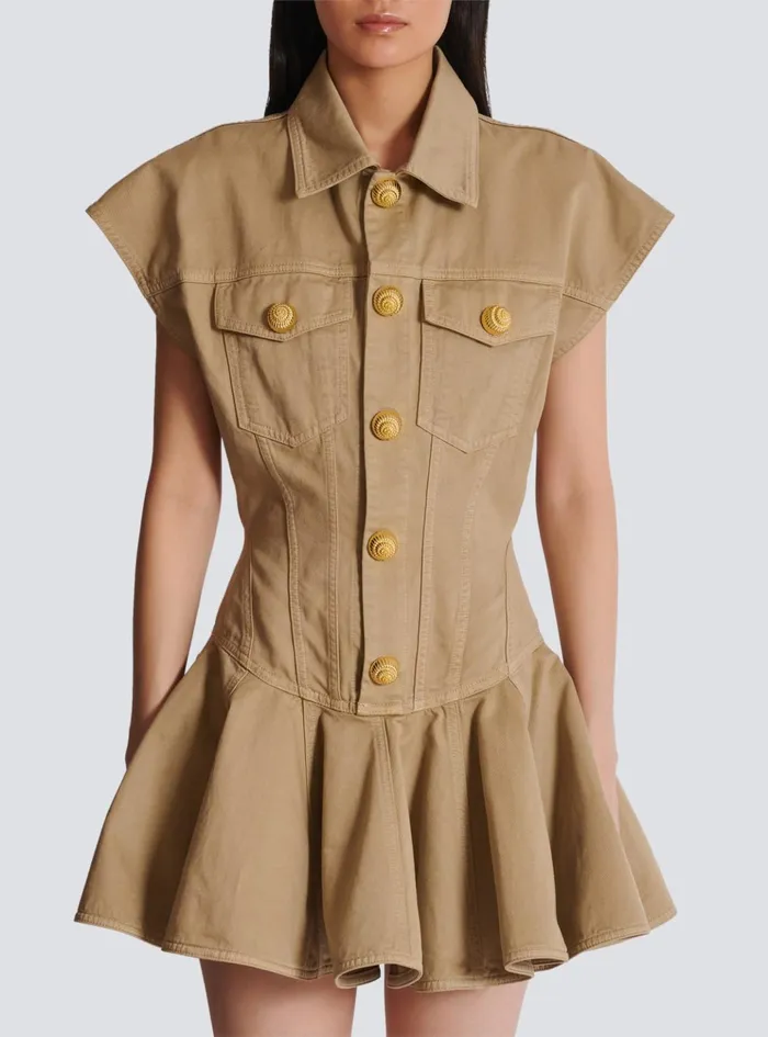 Flared Dress In Cotton Canvas Beige Women Balmain Dresses