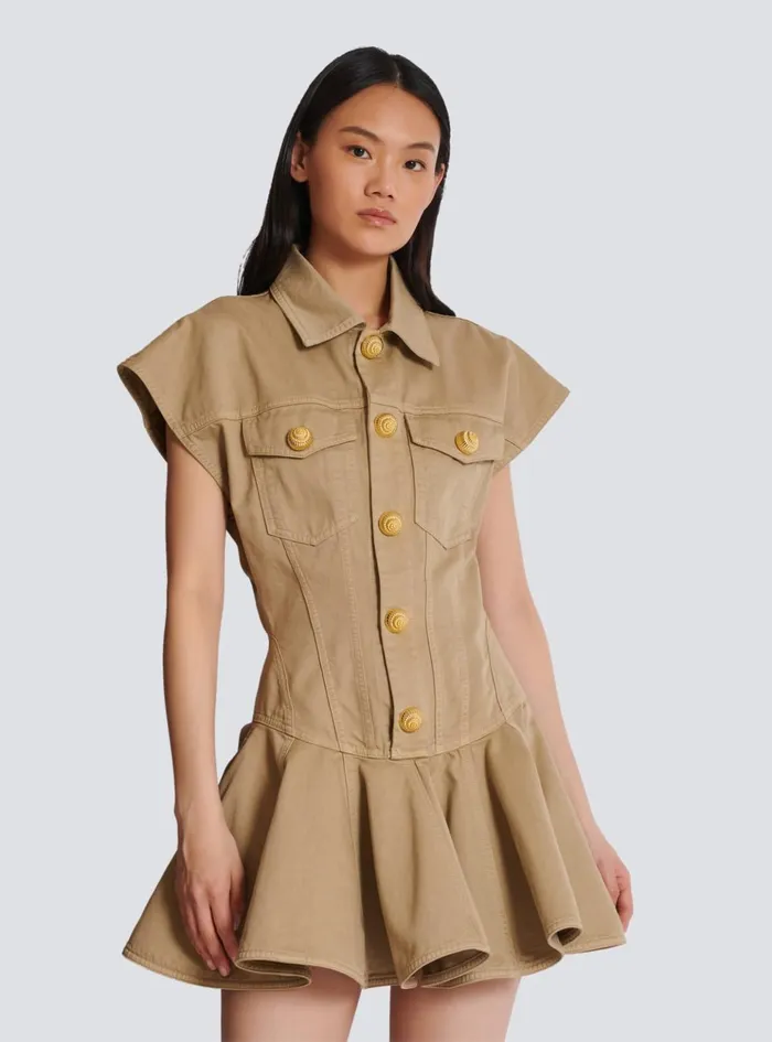 Flared Dress In Cotton Canvas Beige Women Balmain Dresses
