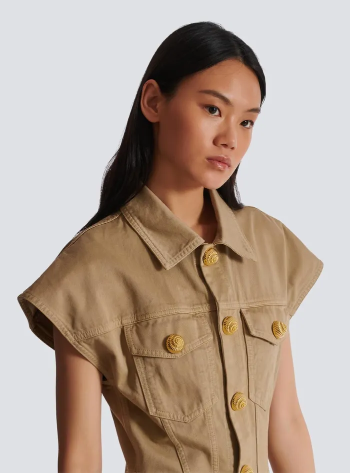 Flared Dress In Cotton Canvas Beige Women Balmain Dresses