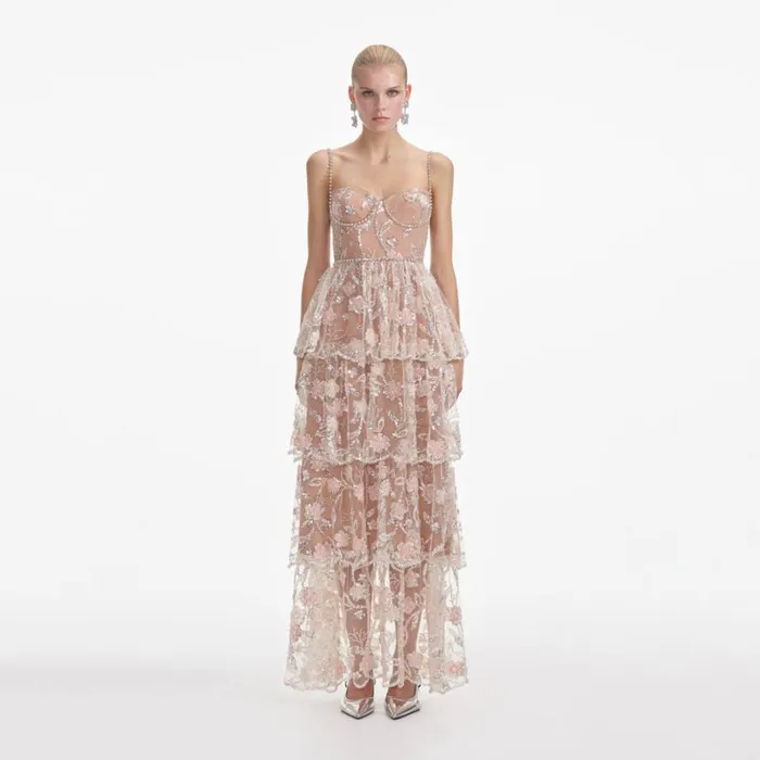 Flower Sequin Tier Maxi Dress Women Self Portrait Wedding Guest