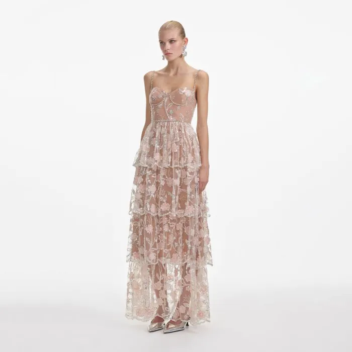 Flower Sequin Tier Maxi Dress Women Self Portrait Wedding Guest Flower Sequin Tier Maxi Dress Women Self Portrait Wedding Guest