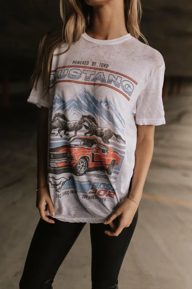 Ford Mustang Graphic Tee White Women Bohme Tees and Tanks