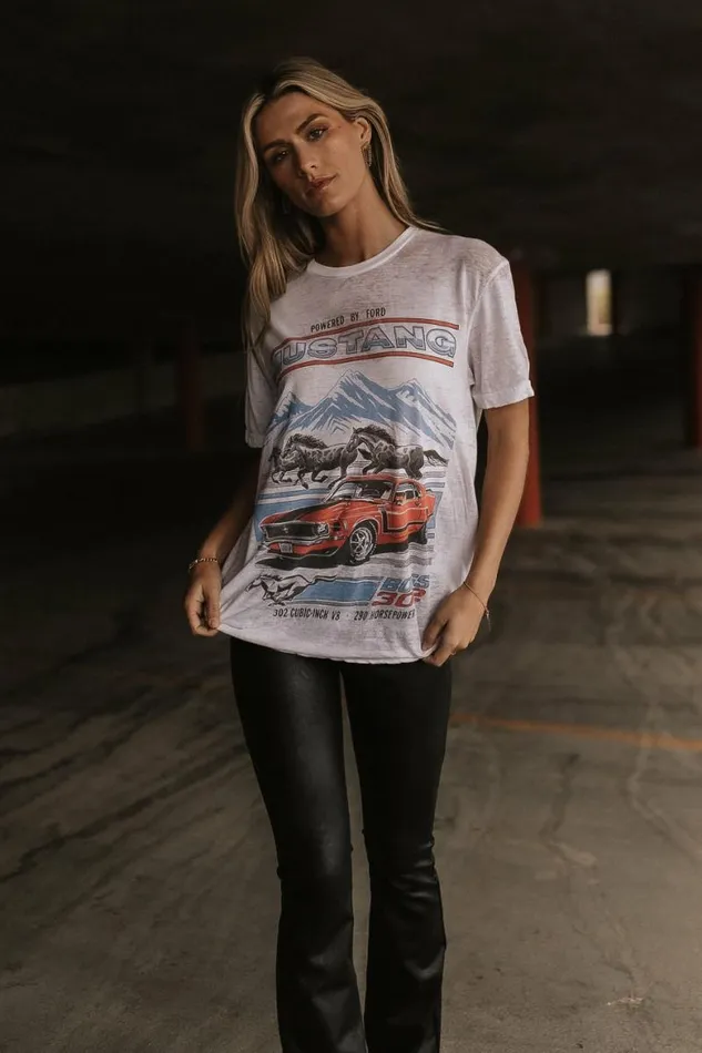 Ford Mustang Graphic Tee White Women Bohme Tees and Tanks