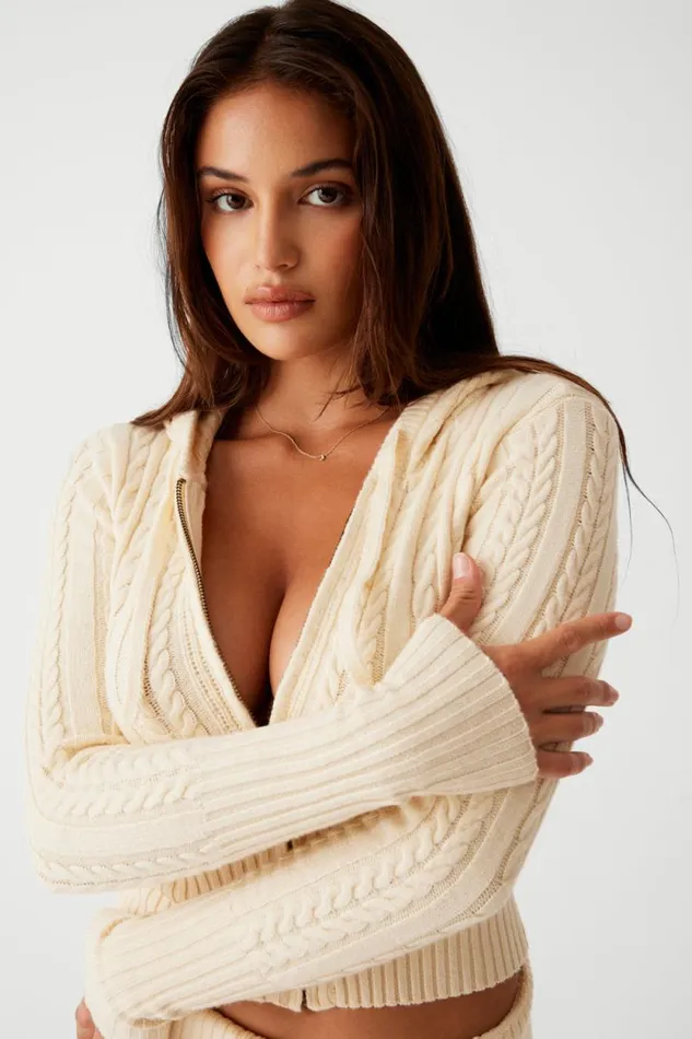 Frankies Bikinis Cloud Knits Women Aimee Cable Cloud Knit Hoodie French Vanilla