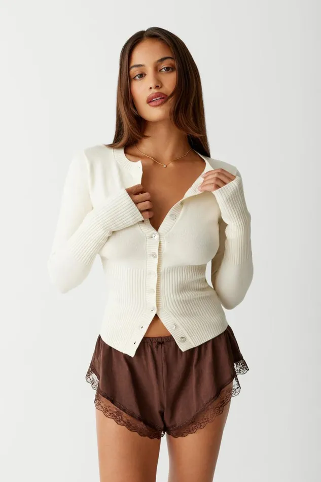Frankies Bikinis Tops Women Lenon Cloud Knit Button Up Cardigan Porcelain