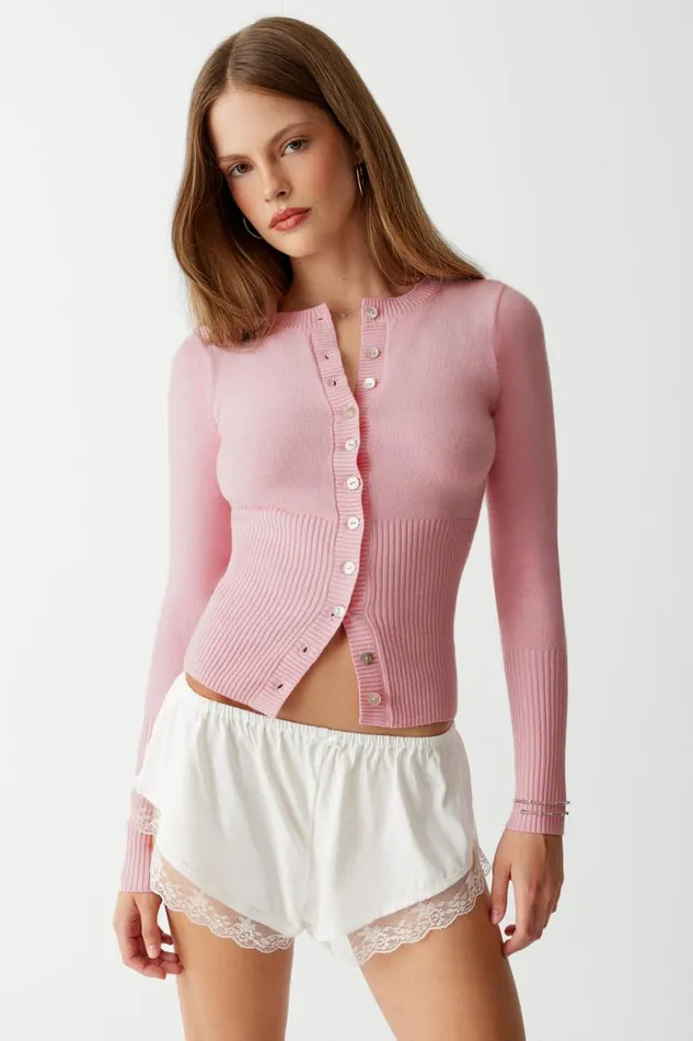 Frankies Bikinis Tops Women Lenon Cloud Knit Button Up Cardigan Valentine Pink