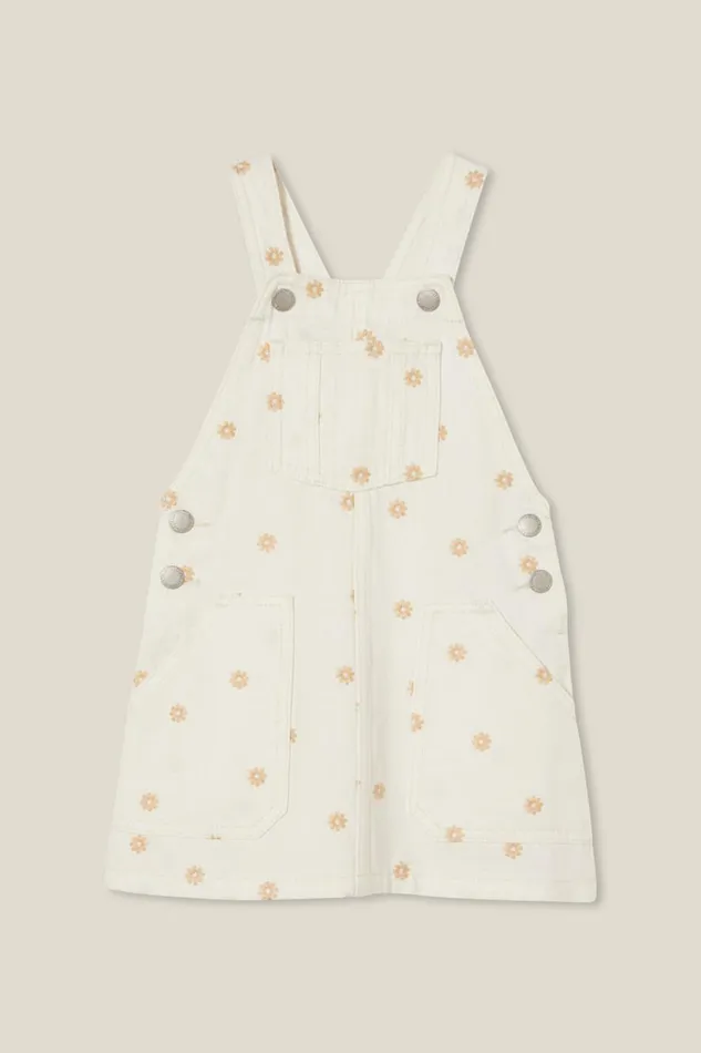 Girls 214 Dresses Cotton On Alice Denim Pinafore Ecru Floral Embroidery