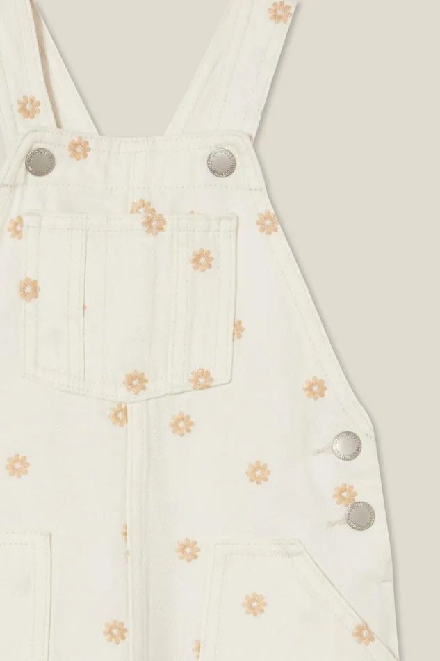 Girls 214 Dresses Cotton On Alice Denim Pinafore Ecru Floral Embroidery