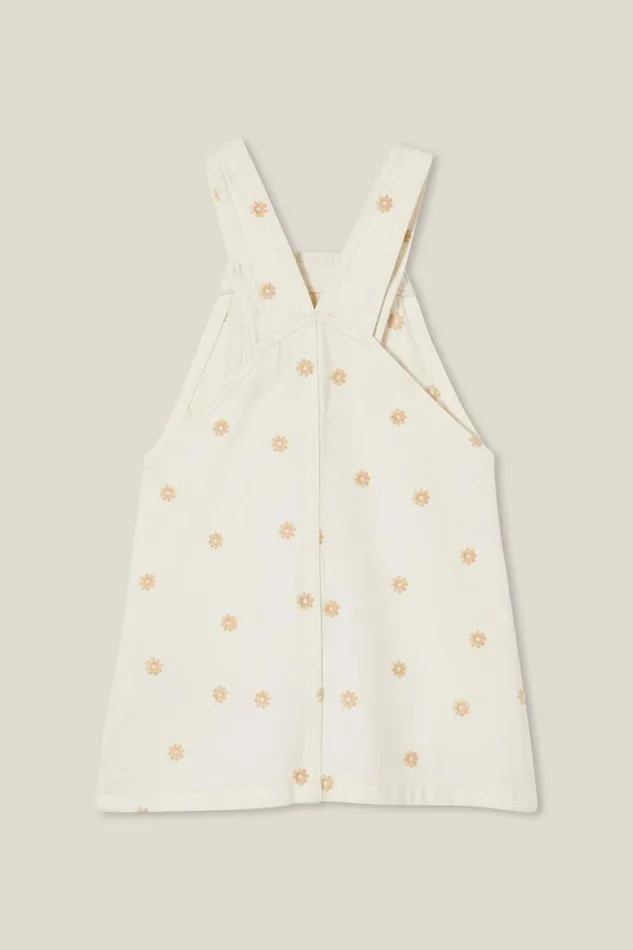 Girls 214 Dresses Cotton On Alice Denim Pinafore Ecru Floral Embroidery