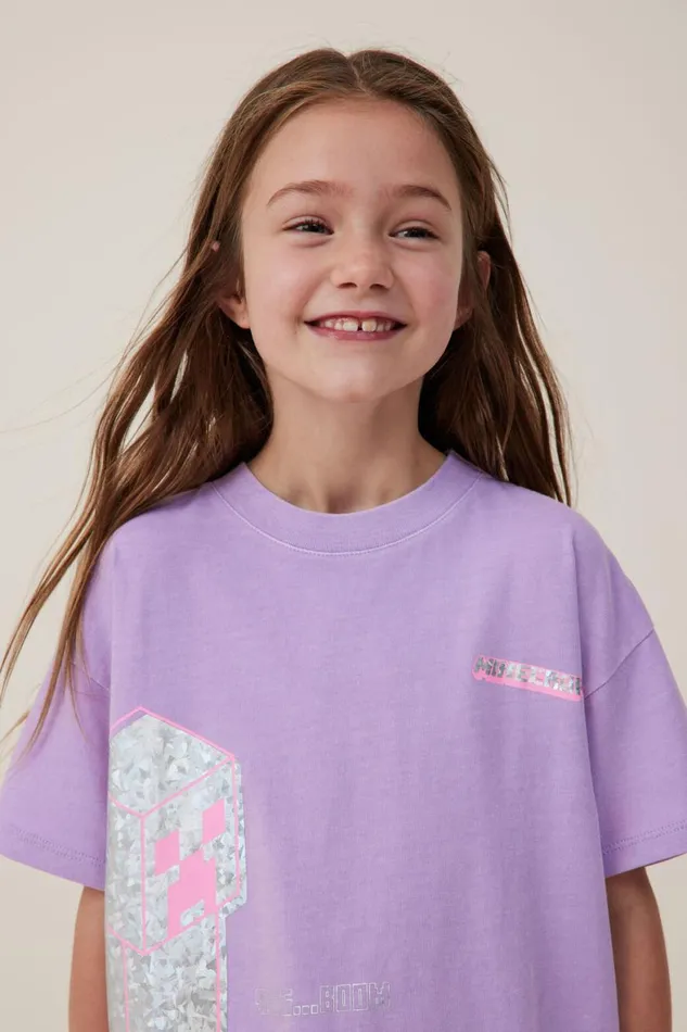 Girls 214 Tops and TShirts Cotton On License Drop Shoulder Short Sleeve Tee Lcn Min Minecraft Creeperlilac Drop