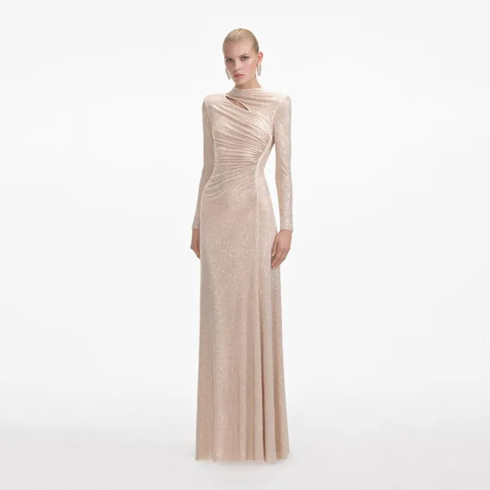 Gold Rhinestone Mesh Cut Out Maxi Dress Women Self Portrait Bride Gold Rhinestone Mesh Cut Out Maxi Dress Women Self Portrait Bride