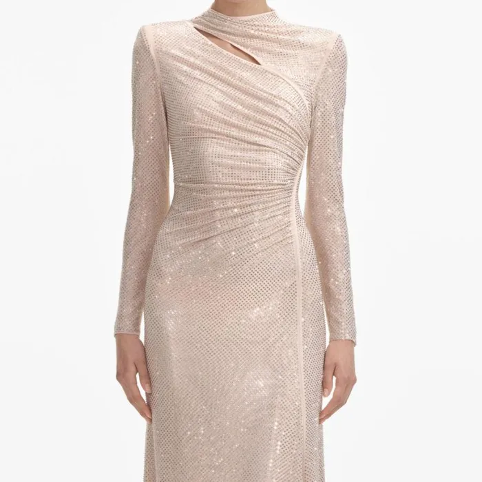 Gold Rhinestone Mesh Cut Out Maxi Dress Women Self Portrait Bride Gold Rhinestone Mesh Cut Out Maxi Dress Women Self Portrait Bride