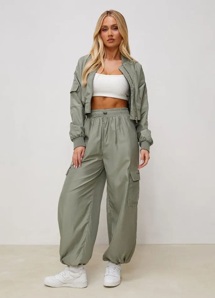 Gym King Cargos Women Satin Cargo Pants 8211 Dusky Sage