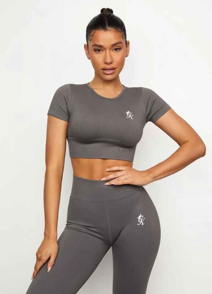 Gym King Gymwear Women Formation Seamless Rib Short Sleeve Top 8211 Gunmetal
