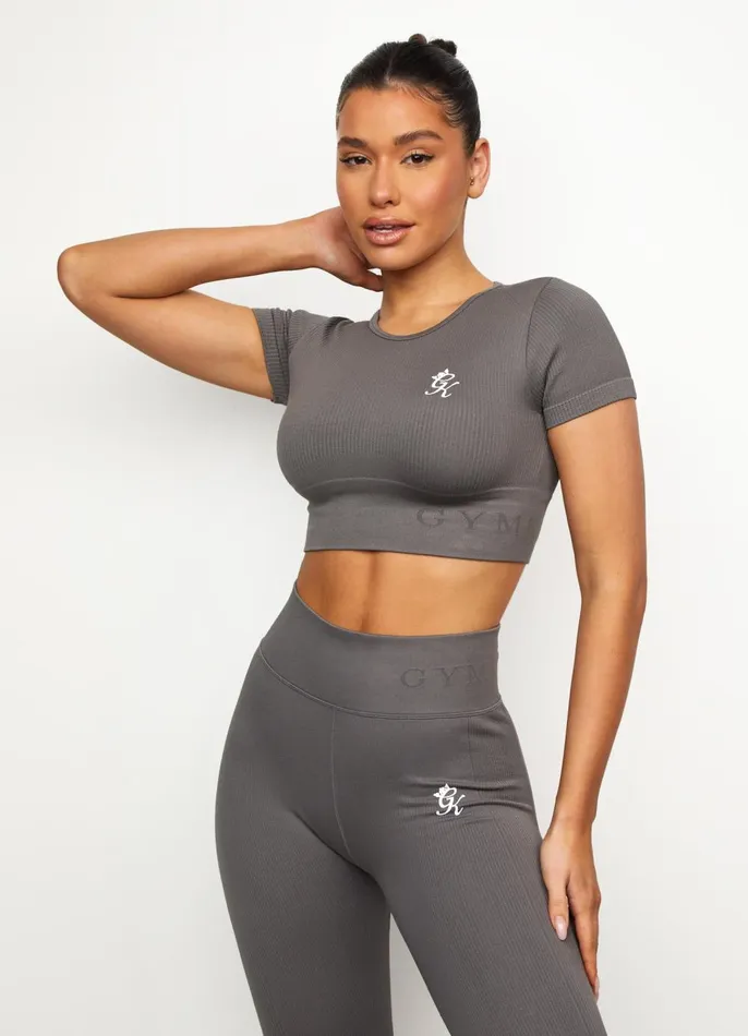 Gym King Gymwear Women Formation Seamless Rib Short Sleeve Top 8211 Gunmetal