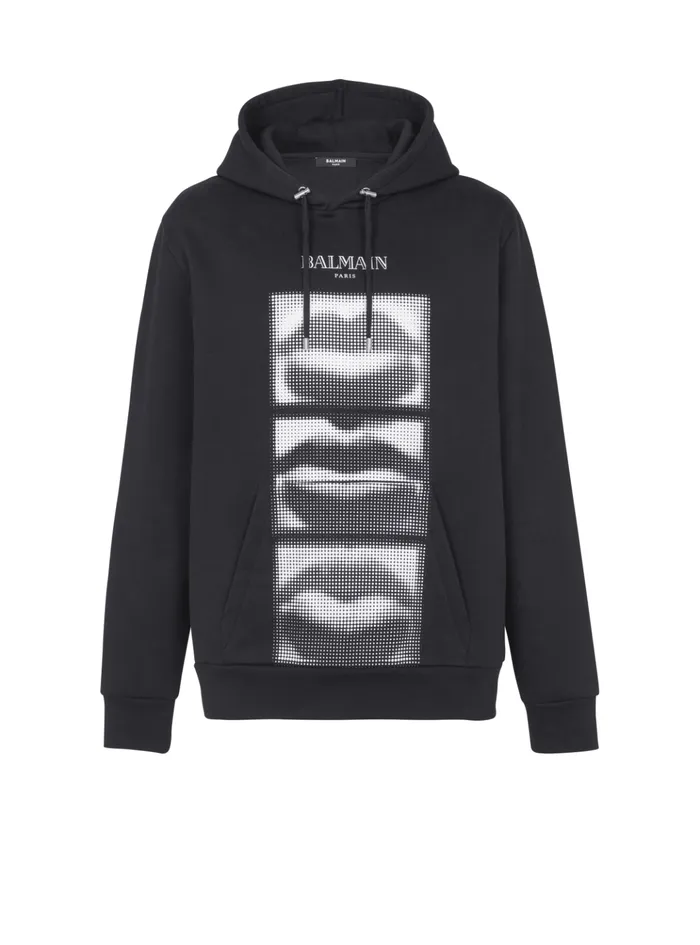 Hoodie With Vintage Lips Print Black Men Balmain Sweatshirts
