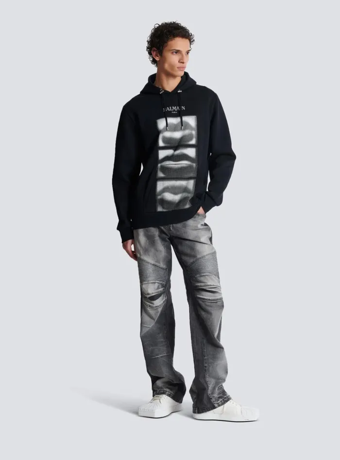Hoodie With Vintage Lips Print Black Men Balmain Sweatshirts
