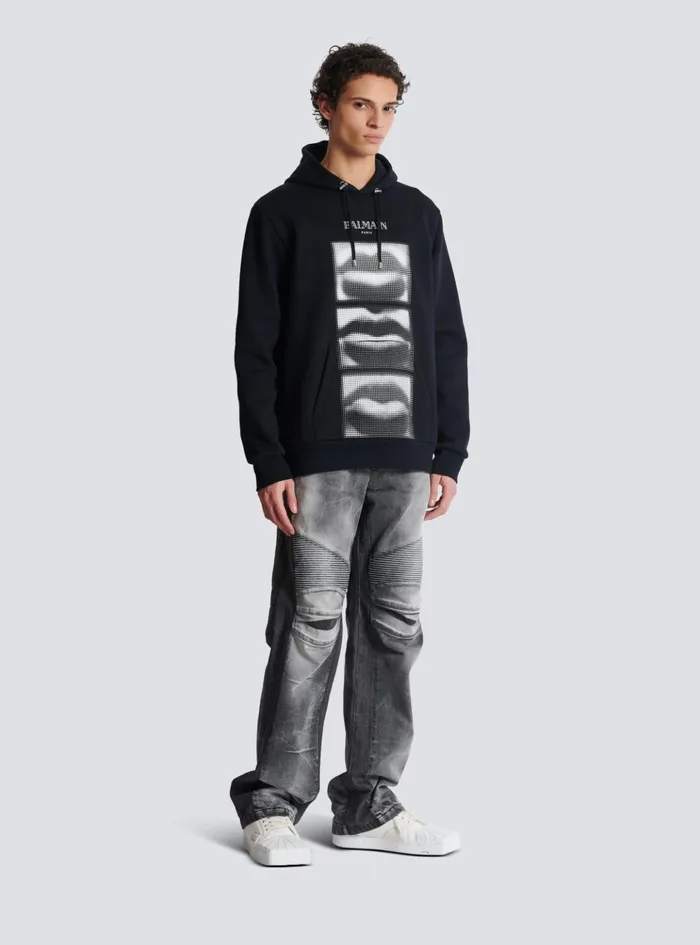 Hoodie With Vintage Lips Print Black Men Balmain Sweatshirts