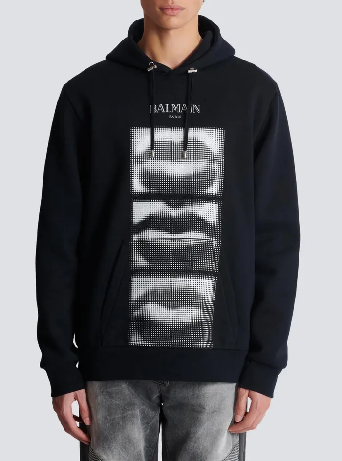 Hoodie With Vintage Lips Print Black Men Balmain Sweatshirts