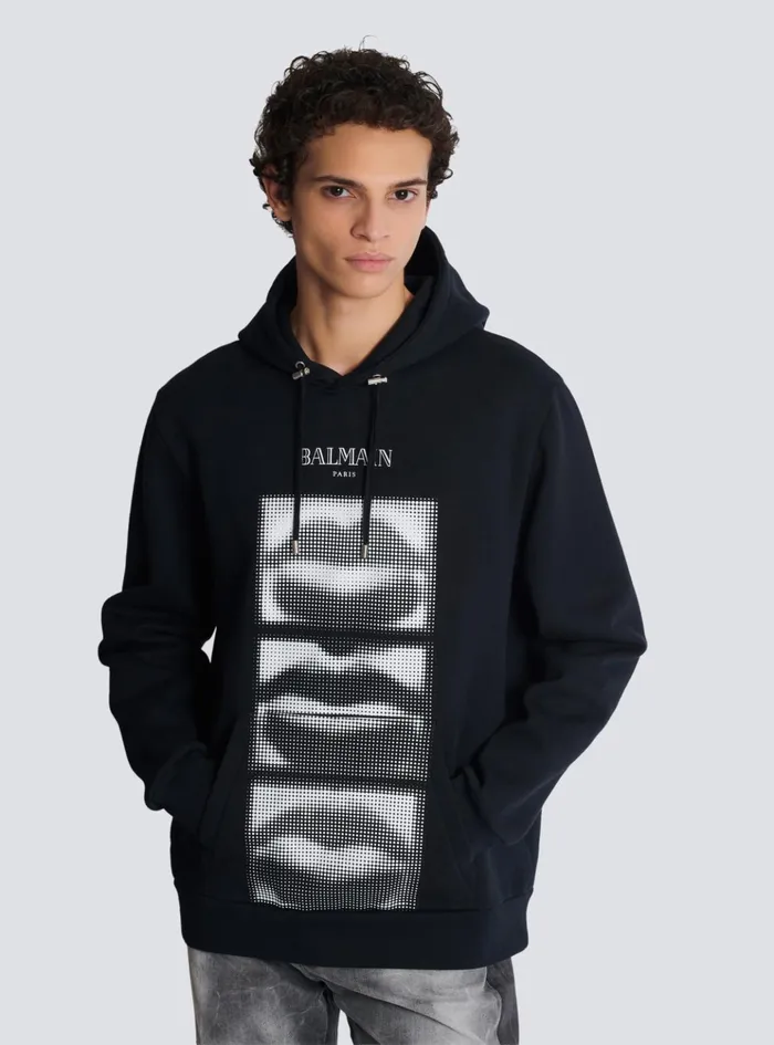 Hoodie With Vintage Lips Print Black Men Balmain Sweatshirts