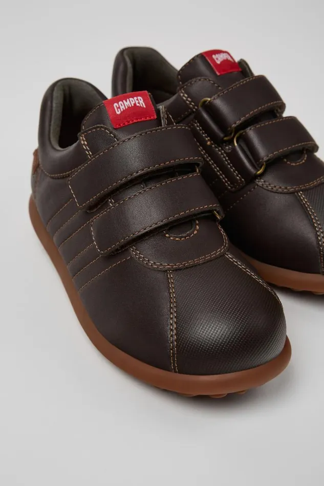 Hook And Loop Kids Camper Pelotas Dark Brown Leather And Textile Shoes