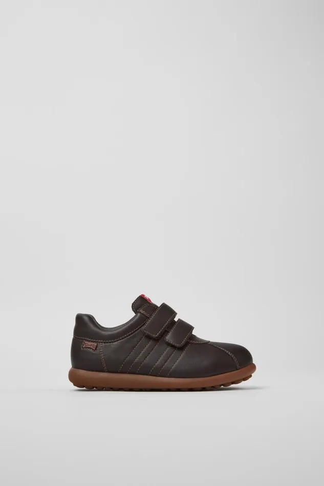 Hook And Loop Kids Camper Pelotas Dark Brown Leather And Textile Shoes