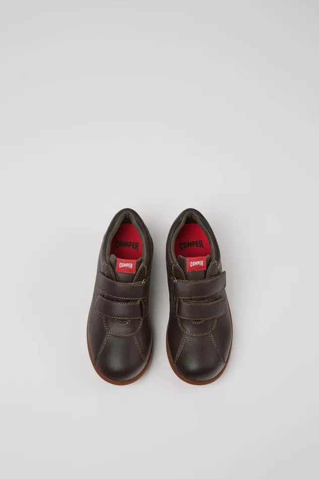 Hook And Loop Kids Camper Pelotas Dark Brown Leather And Textile Shoes