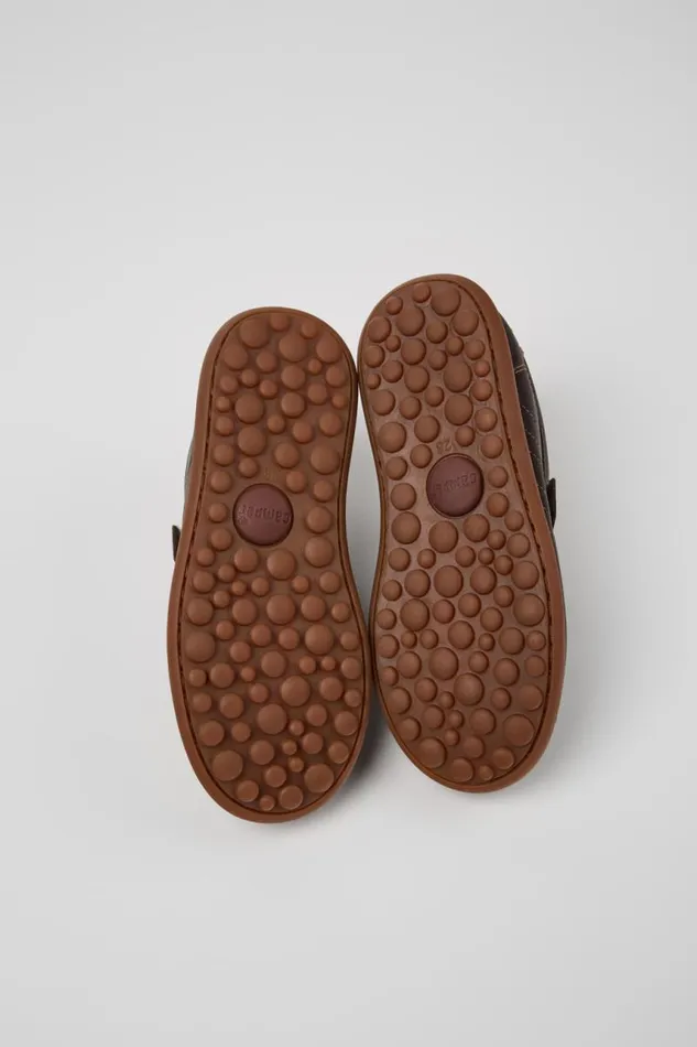 Hook And Loop Kids Camper Pelotas Dark Brown Leather And Textile Shoes
