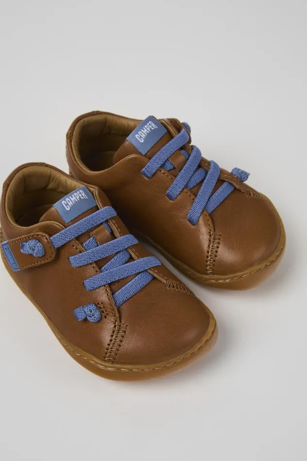 Hook And Loop Kids Camper Peu Brown Leather Shoes