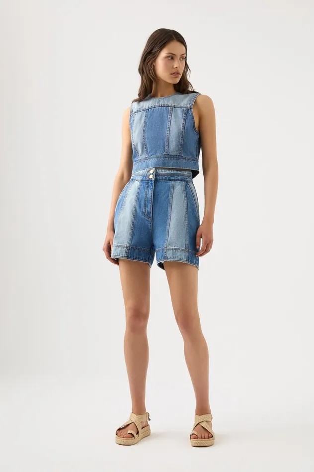 Ines Panelled Denim Shorts Twin Tone Indigo Women Aje Shorts
