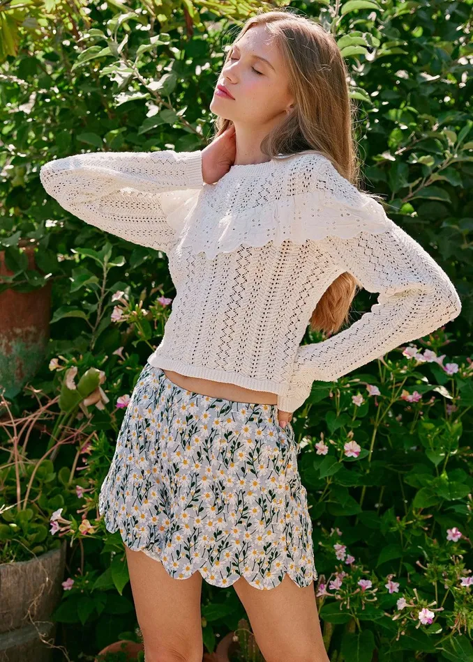 Irina Scallop Lace Pointelle Top Cream Women Lost Wander Tops