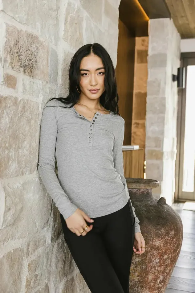 Ivanna Henley Top In Grey Grey Women Bohme Tees and Tanks