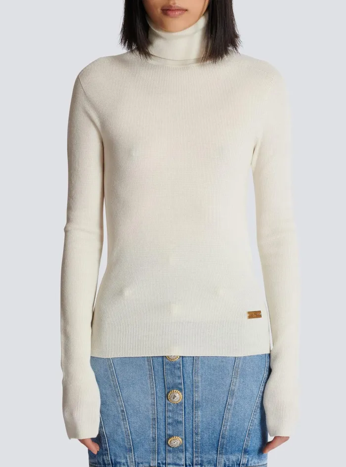 Knitted Turtleneck Jumper Beige Women Balmain Knitwear