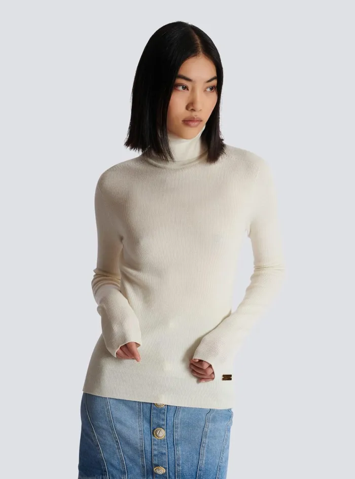 Knitted Turtleneck Jumper Beige Women Balmain Knitwear