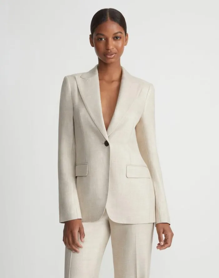 Lafayette 148 New York Bamboo Viscose Twill Single Button Blazer Birch Bark Multi Ready To Wear Jackets and Blazers