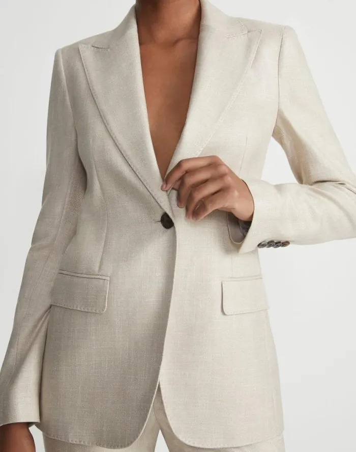 Lafayette 148 New York Bamboo Viscose Twill Single Button Blazer Birch Bark Multi Ready To Wear Jackets and Blazers