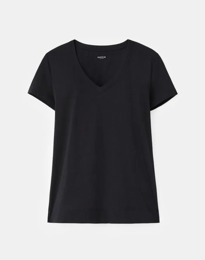 Lafayette 148 New York Cotton Jersey Modern VNeck Tee Black Ready To Wear Tops and Tees