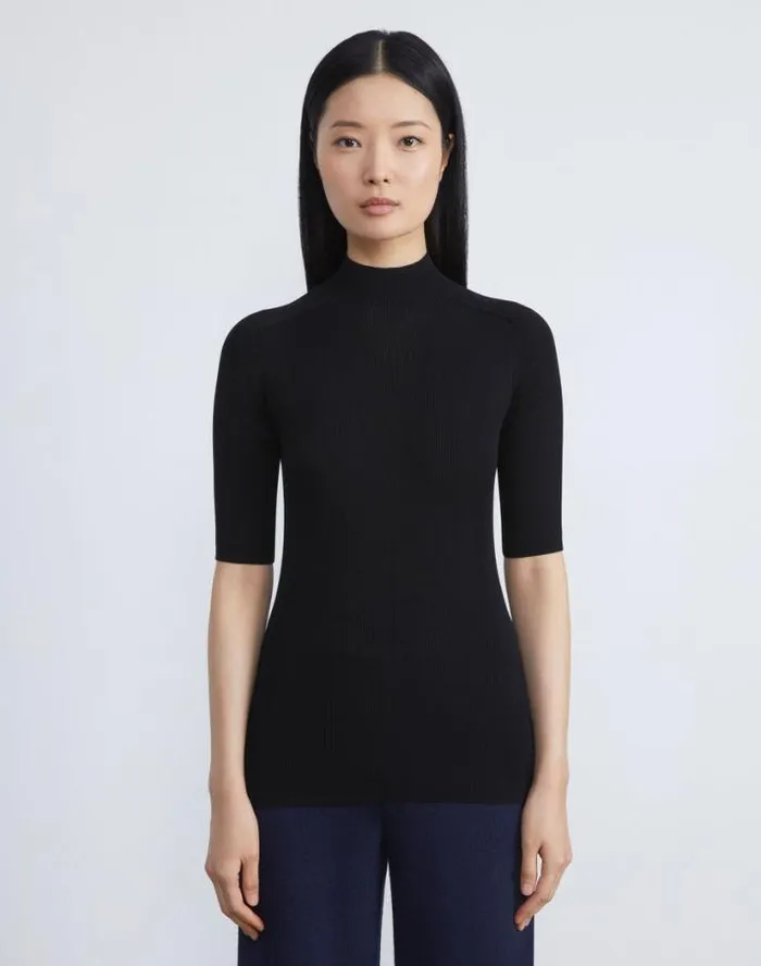 Lafayette 148 New York Finespun Voile Ribbed Short Sleeve Sweater Black Ready To Wear Sweaters and Knits