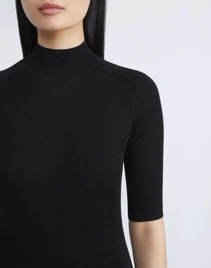Lafayette 148 New York Finespun Voile Ribbed Short Sleeve Sweater Black Ready To Wear Sweaters and Knits