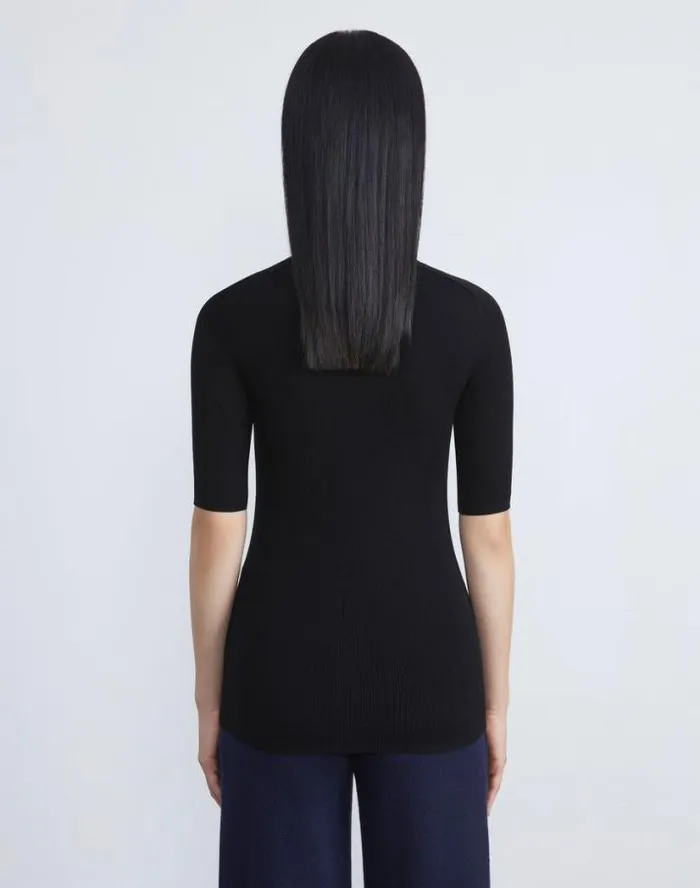 Lafayette 148 New York Finespun Voile Ribbed Short Sleeve Sweater Black Ready To Wear Sweaters and Knits