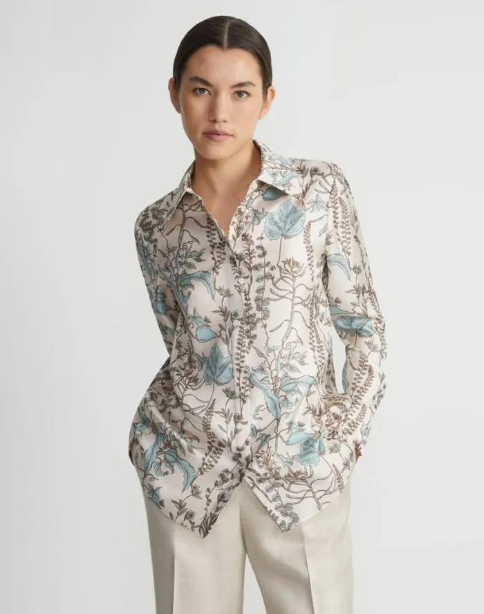 Lafayette 148 New York Flora Trail Print Silk Twill Collared Blouse Pampas Plume Multi Ready To Wear Blouses and Shirts