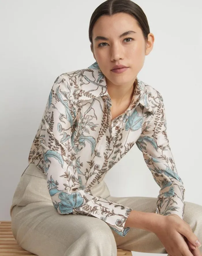 Lafayette 148 New York Flora Trail Print Silk Twill Collared Blouse Pampas Plume Multi Ready To Wear Blouses and Shirts