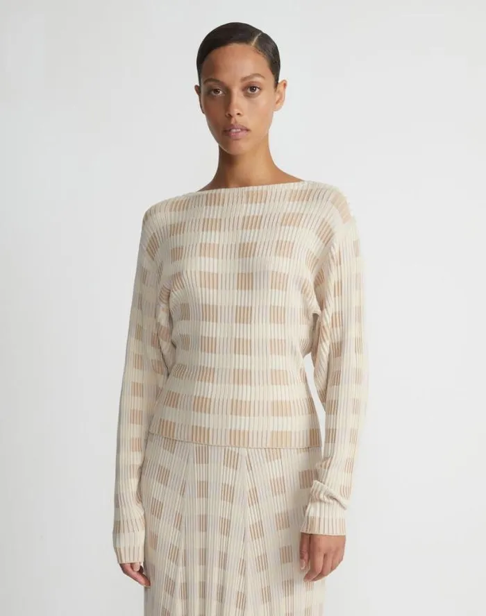 Lafayette 148 New York Gingham Responsible Matte Crepe Blouson Sweater Dune Multi Ready To Wear Sweaters and Knits