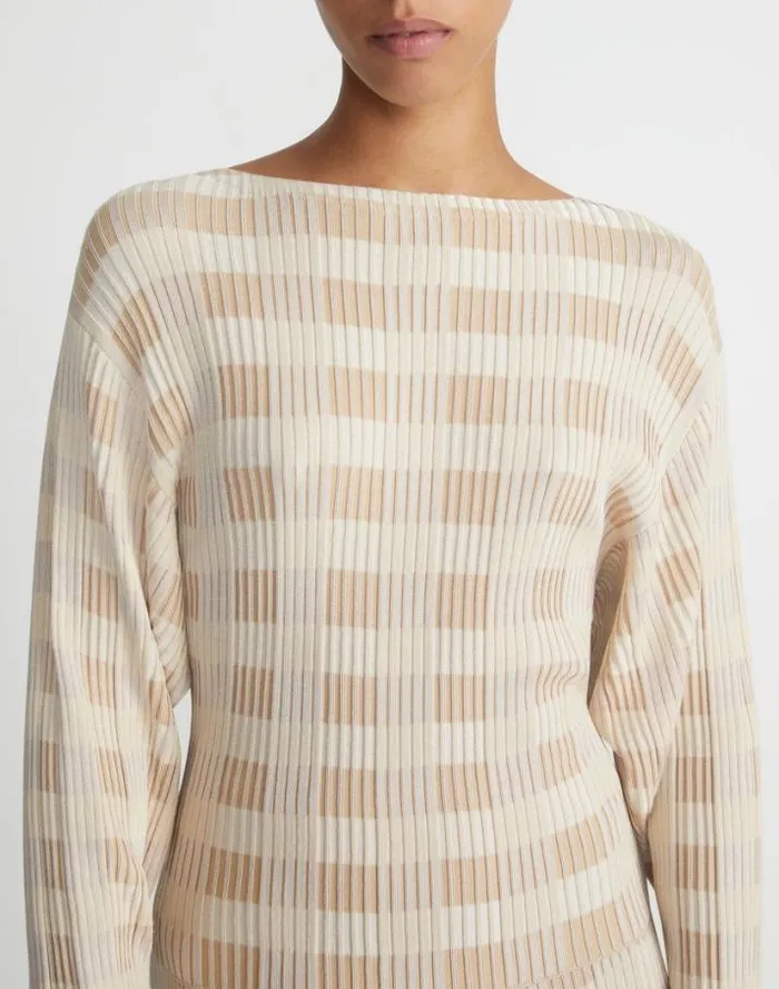 Lafayette 148 New York Gingham Responsible Matte Crepe Blouson Sweater Dune Multi Ready To Wear Sweaters and Knits