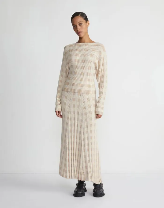 Lafayette 148 New York Gingham Responsible Matte Crepe Blouson Sweater Dune Multi Ready To Wear Sweaters and Knits
